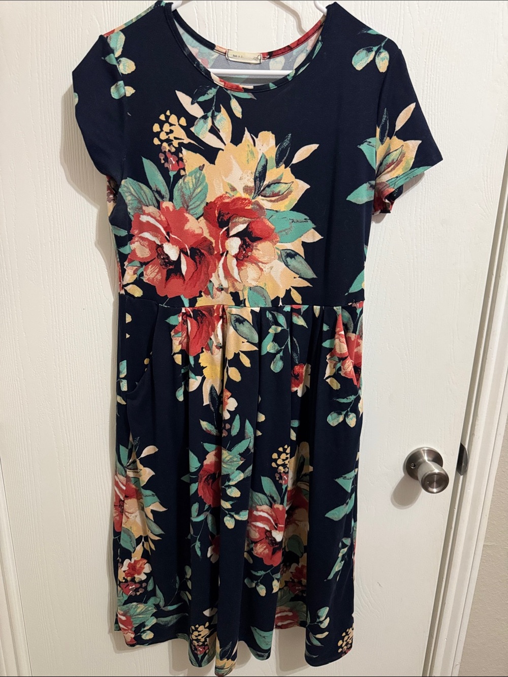 Reb &‎ J. 220 Floral Navy MIDI Dress Scoop Neck Short Sleeve Women’s Large Soft